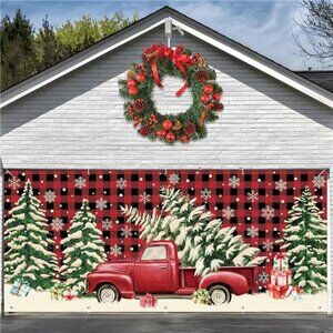 Christmas Garage Door Banner Large Red Black Buffalo Plaid Door Cover 7 x 16 ft